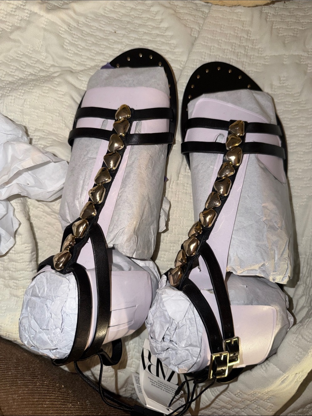 Zara Black and Light Pink Chain T-Strap Sandals